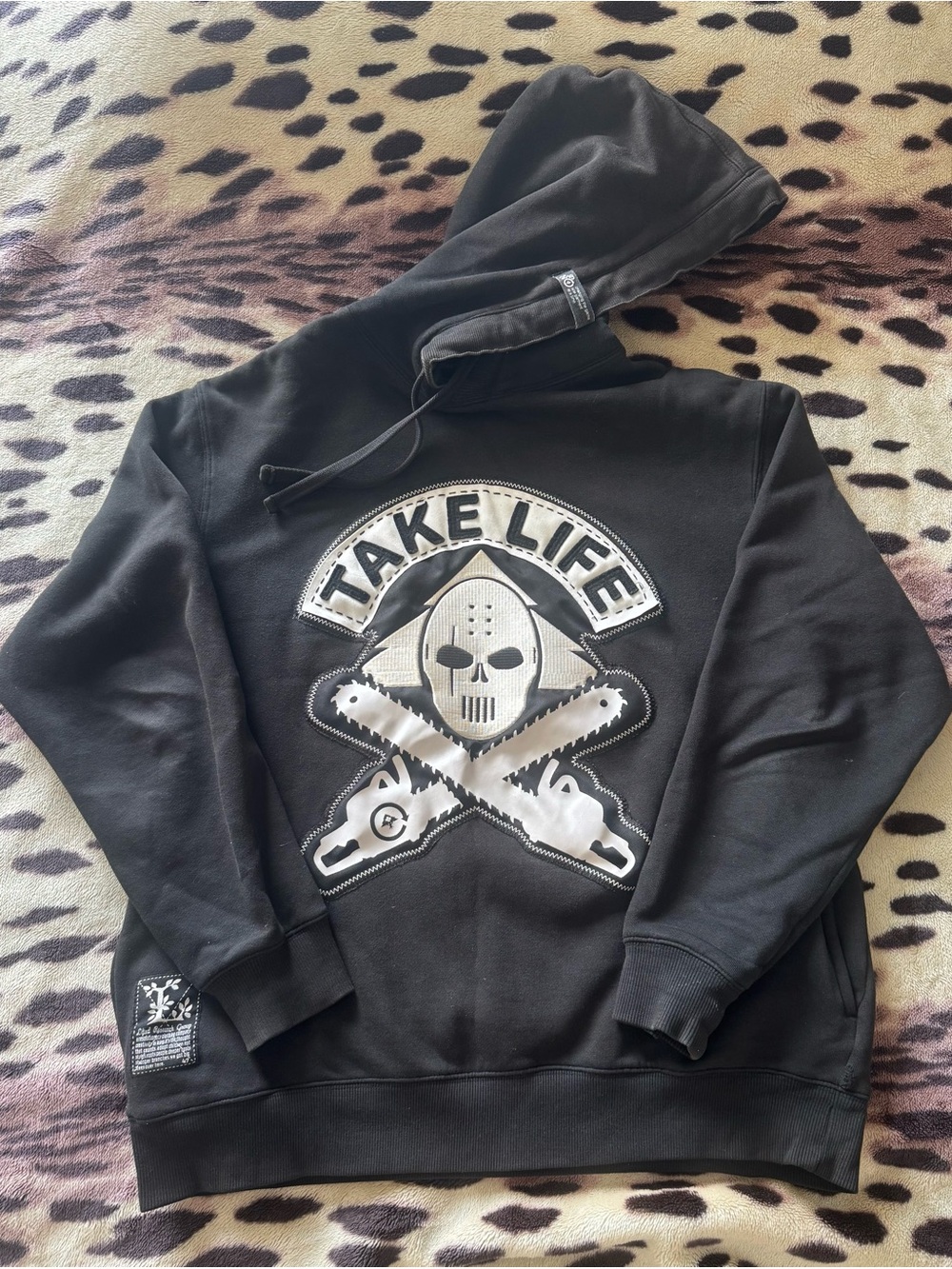 LG Black Hoodie with White Skull & Crossed Saws Graphic